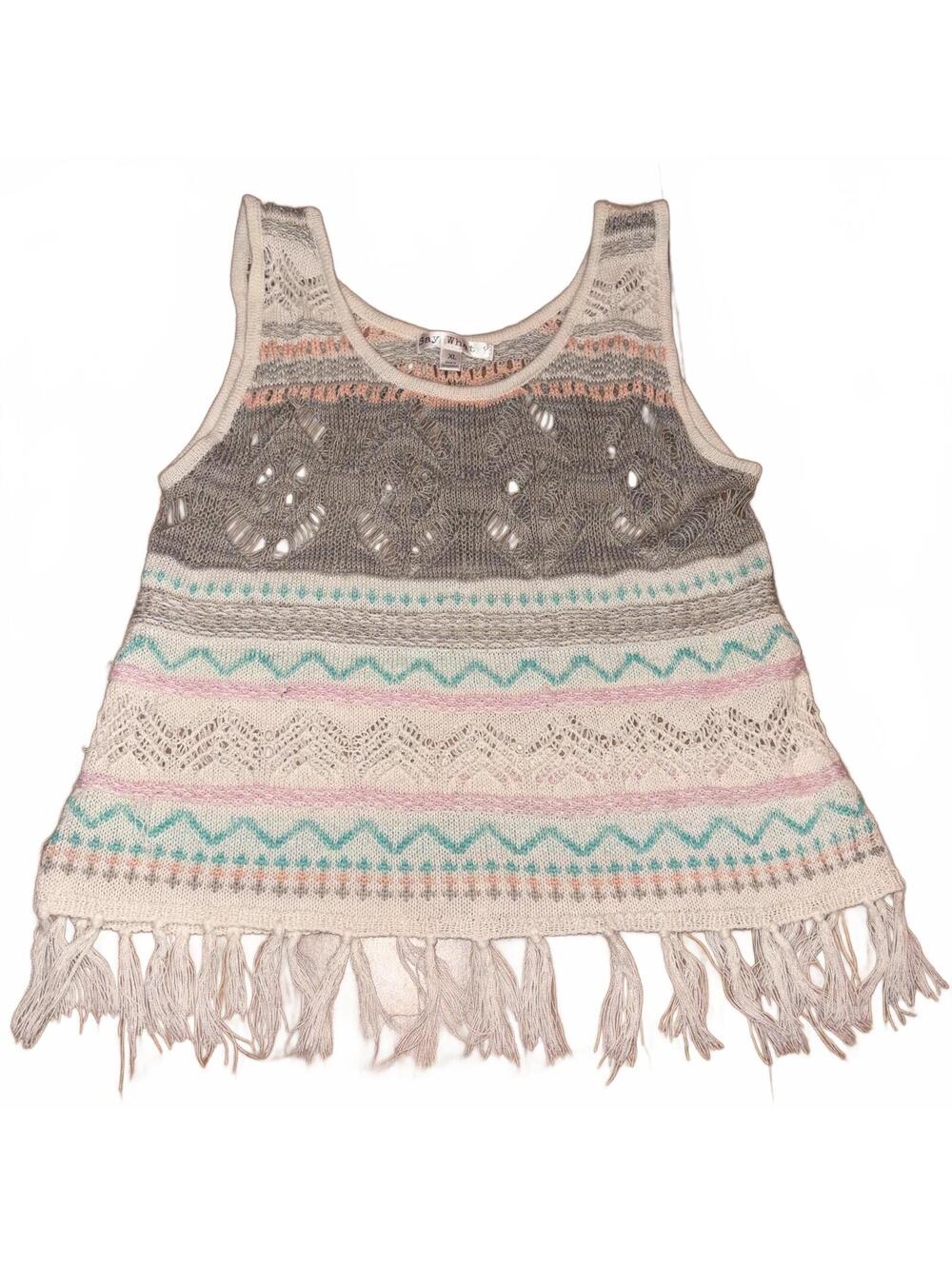 Say What XL Crochet Knit Fringe Tank Top Cream Turquoise Summer Cottage Boho